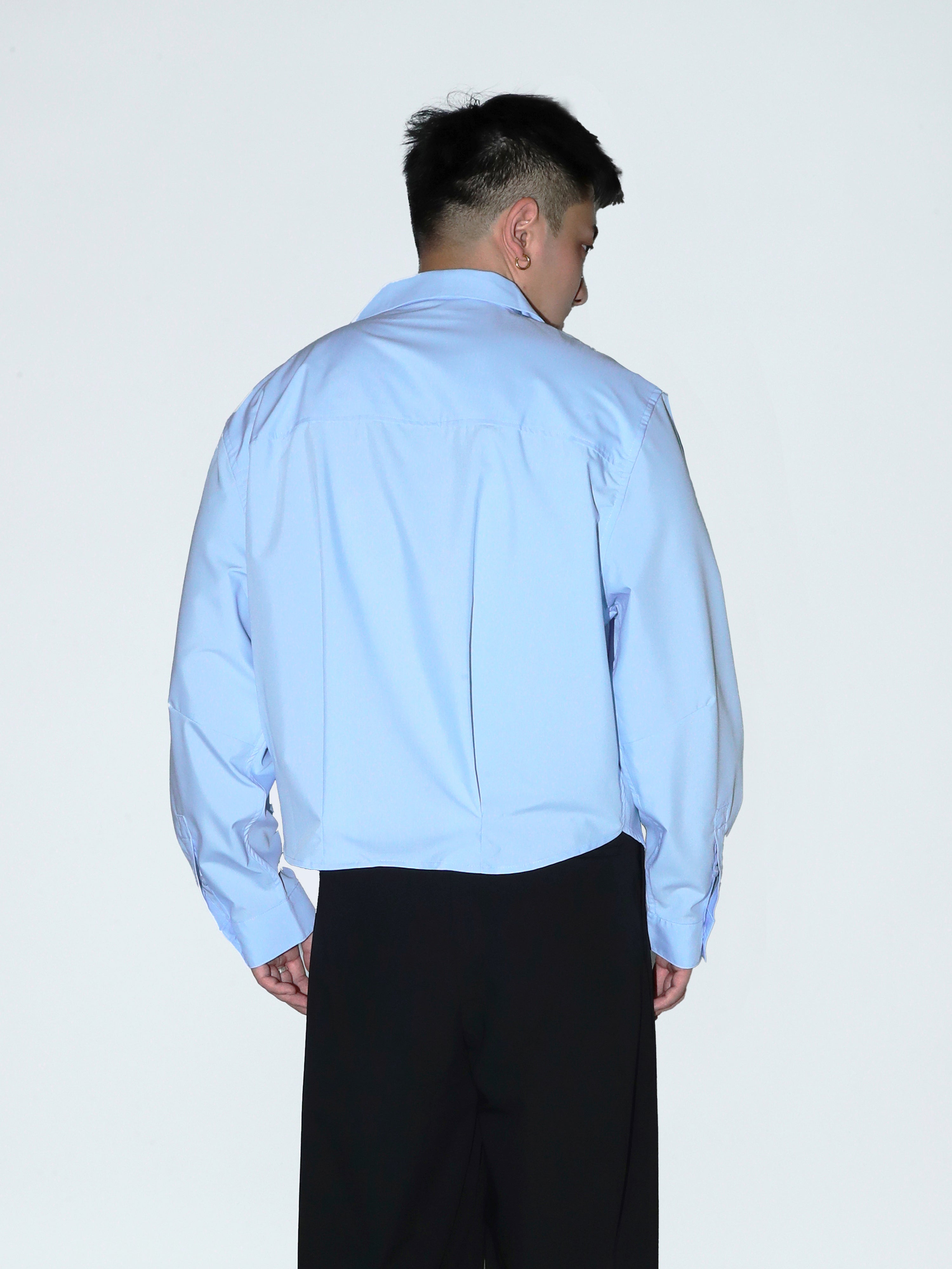 SEA SALT BLUE CROPPED LONG-SLEEVE CAMP COLLAR SHIRT